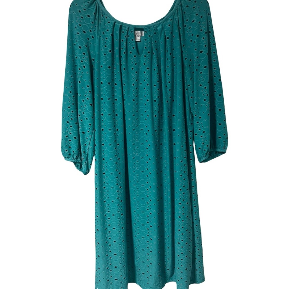 London Times Turquoise Eyelet Shift Dress 3/4 Balloon Sleeve Plus Size 16W